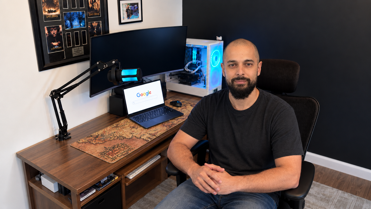 Wider elevated camera view of the Tyler Casey avatar at the same office desk.