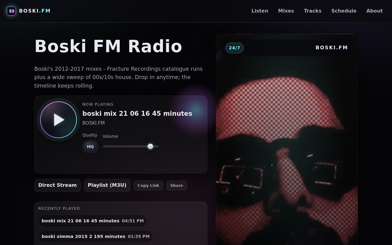 BOSKI.FM public radio interface showing the current mix and recently played recordings.